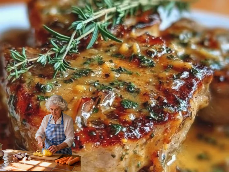 Saftige Schweinekoteletts in einer aromatischen Sauce serviert