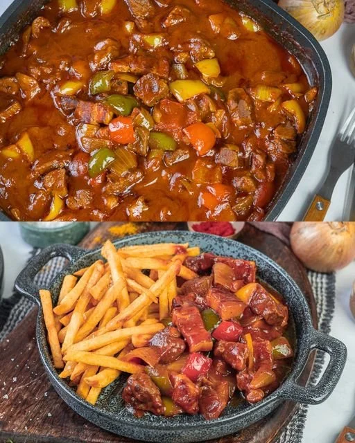 Schaschliktopf aus dem Backofen mit Gemüse und Fleisch