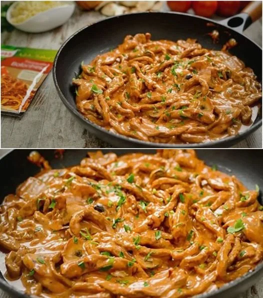 Schnitzelstreifen auf einem Teller, schnell zubereitet in 20 Minuten.