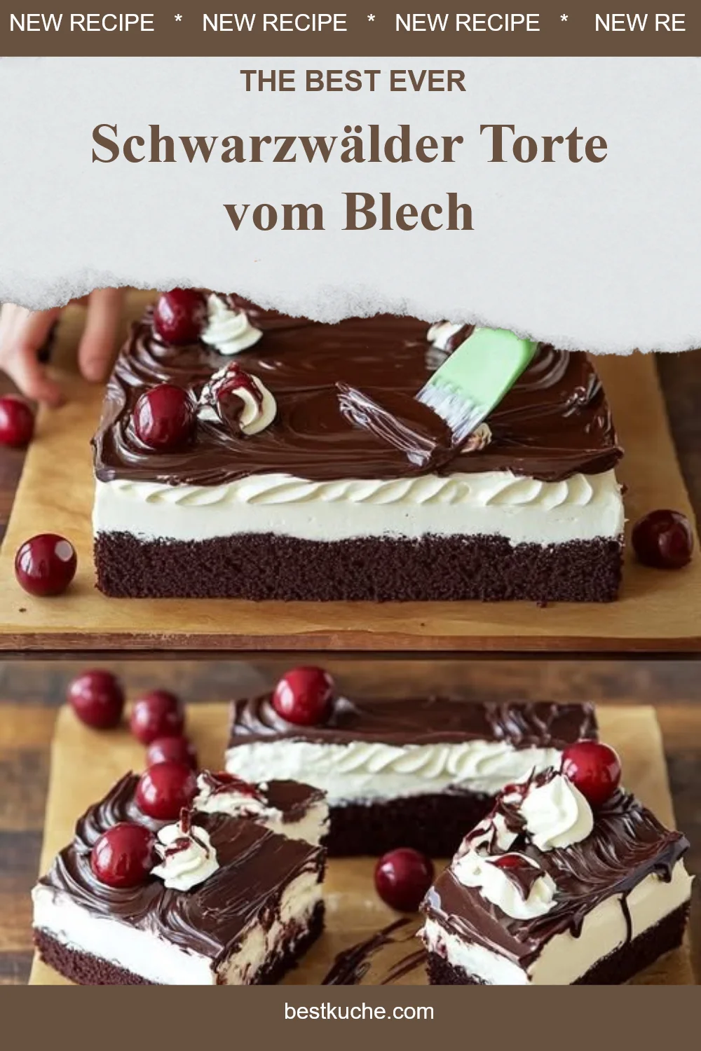 Schwarzwälder Torte vom Blech mit Sahne und Kirschen