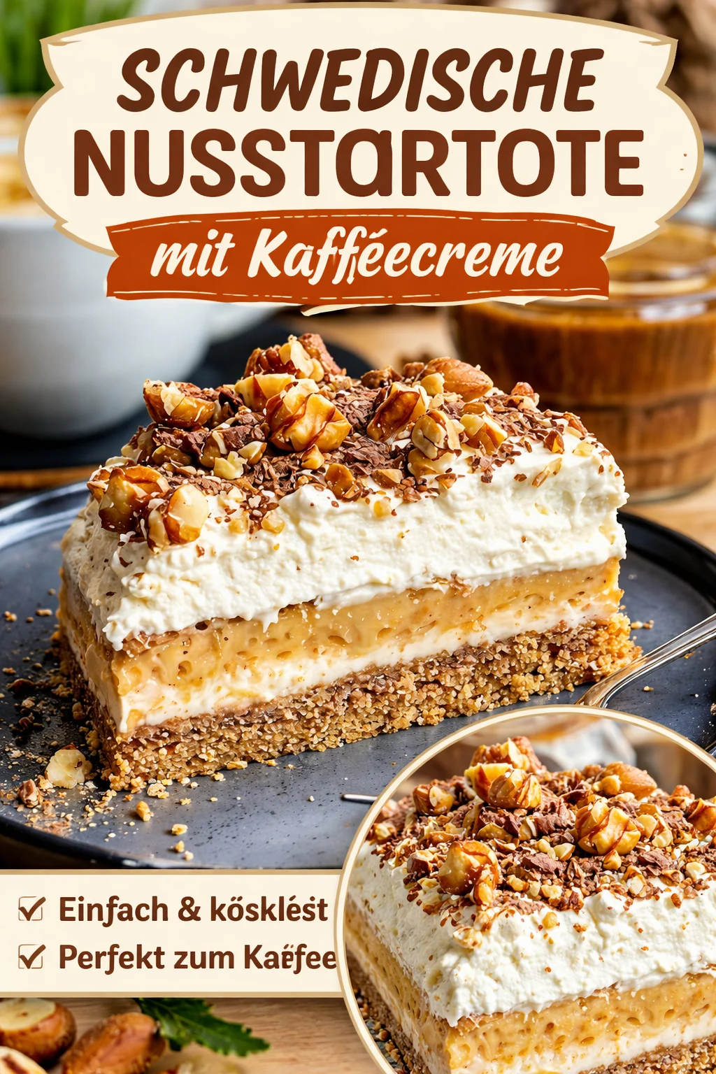 Schwedische Nusstorte mit leckerer Kaffeecreme auf einem Teller