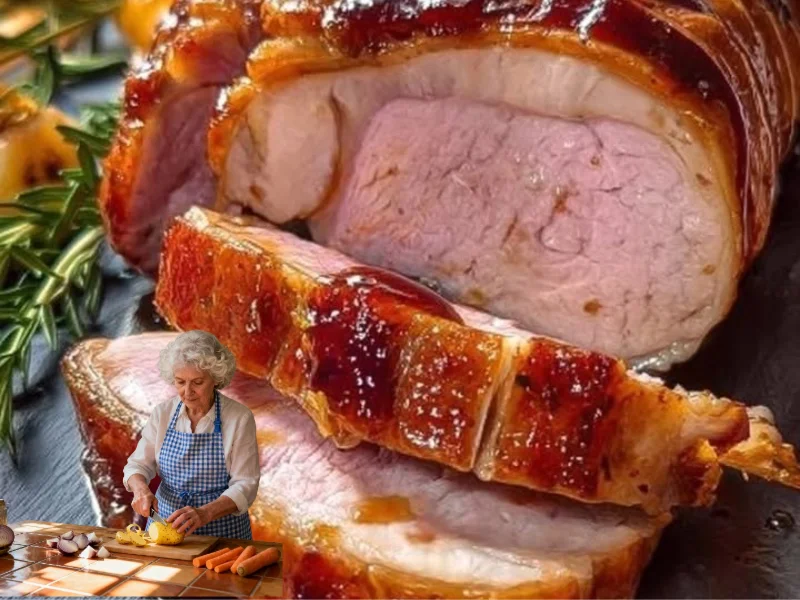 Schweinebraten mit Honigmarinade auf einem Teller serviert