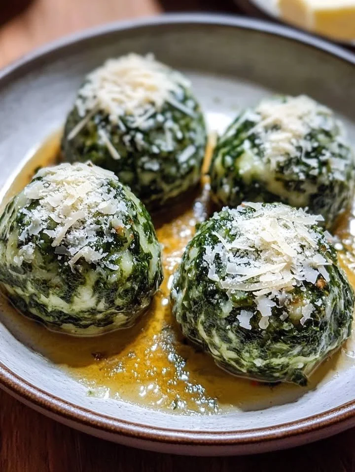 Südtiroler Spinatknödel mit Butter und Parmesan auf einem Teller