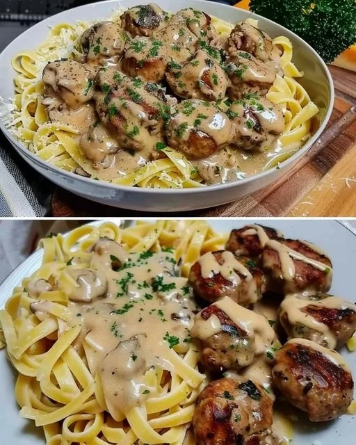 Tagliatelle mit Pilzsauce und Fleischbällchen auf einem Teller serviert