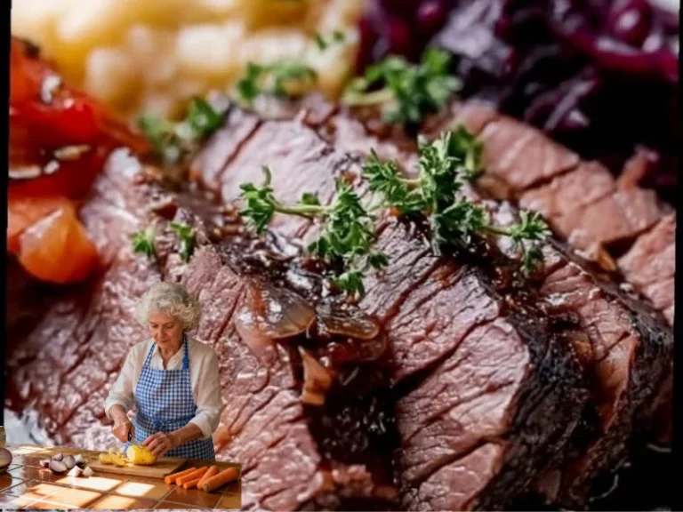 Traditioneller Sauerbraten mit Beilagen auf einem Teller serviert.