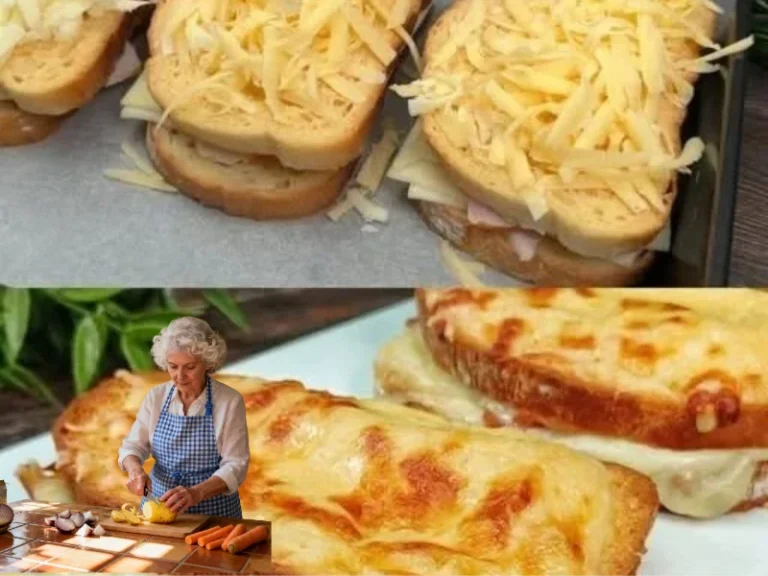 Überbackenes Käsebrot mit Schinken auf einem Teller serviert.