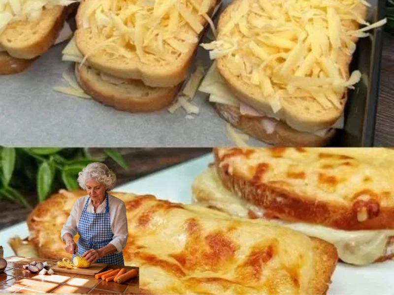 Überbackenes Käsebrot mit Schinken auf einem Teller serviert.