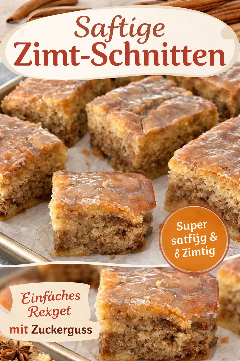 Zimtschneckenkuchen: saftiger Kuchen mit Zimt und Zucker auf einem Teller.