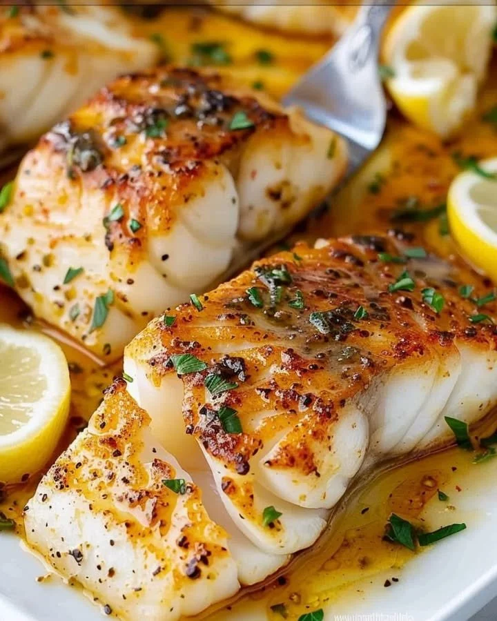 Zitronenbutter gebratener Kabeljau auf einem Teller serviert