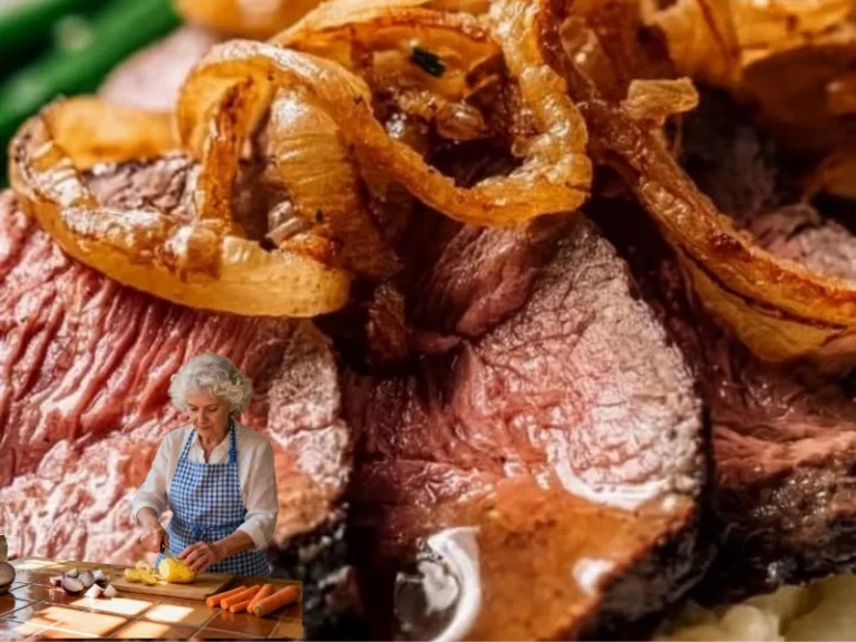 Zwiebelrostbraten mit karamellisierten Zwiebeln auf einem Teller serviert