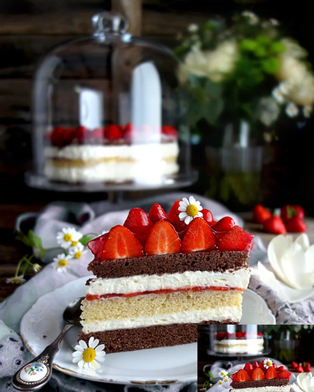 Leckere 3-Tage-Kuchen mit frischen Erdbeeren auf einem Teller