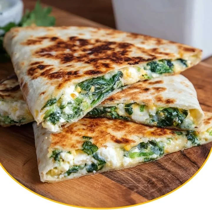 Leckere Spinat-Feta-Quesadillas auf einem Teller präsentiert