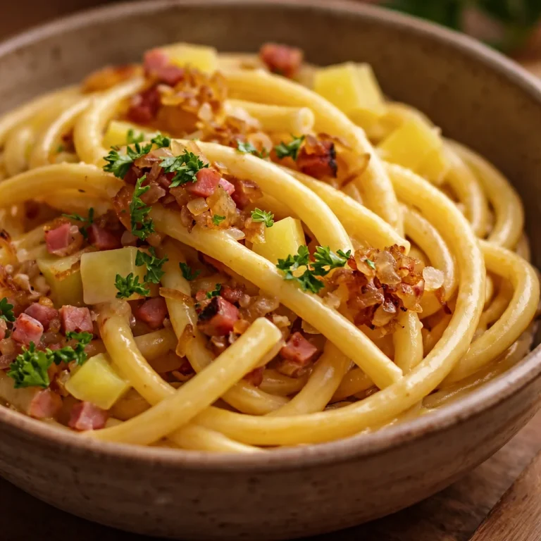 Älplermagronen mit Kartoffeln, Käse, Rahm und Apfelmus auf einem Teller serviert