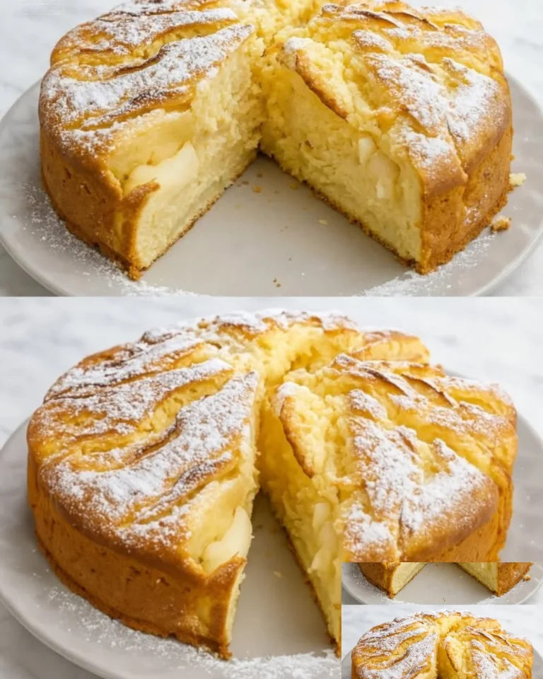 Apfel-Quark-Kuchen frisch aus dem Ofen auf einem Teller serviert