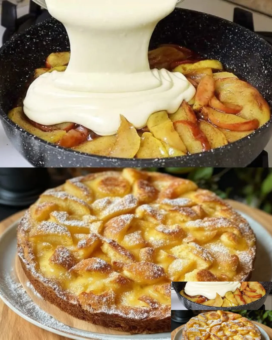 Frischer, hausgemachter Apfelkuchen mit saftigen Äpfeln und goldbraunem Teig.