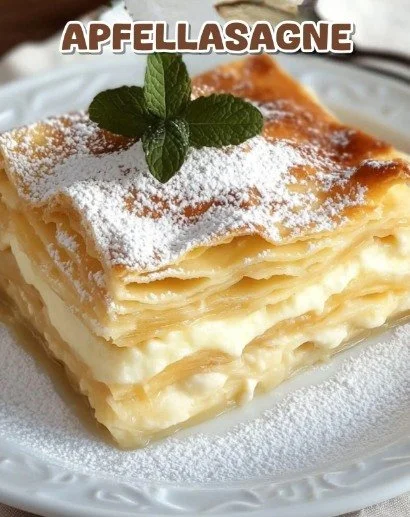 Leckere Apfellasagne mit Äpfeln und Zimt auf einem Teller serviert.