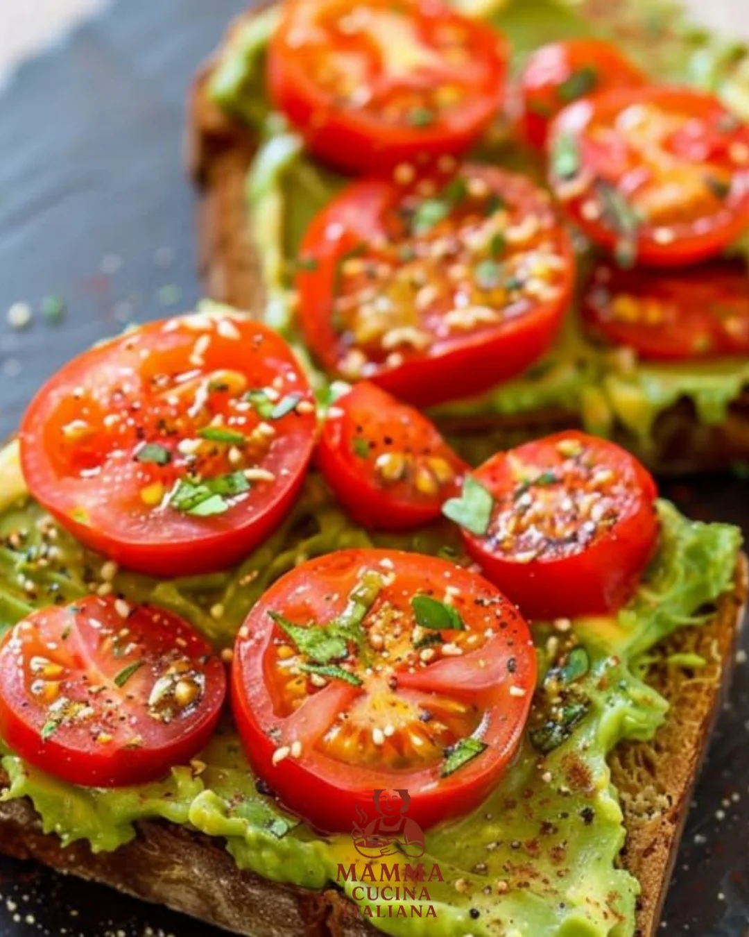 Avocadobrot mit frischen Tomaten auf einem Teller