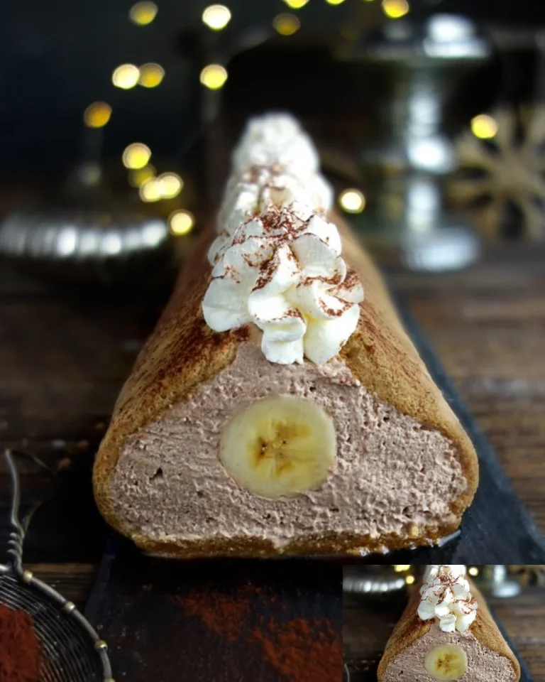 Bananenrolle aus Löffelbiskuit mit Nougat auf einem Teller angerichtet