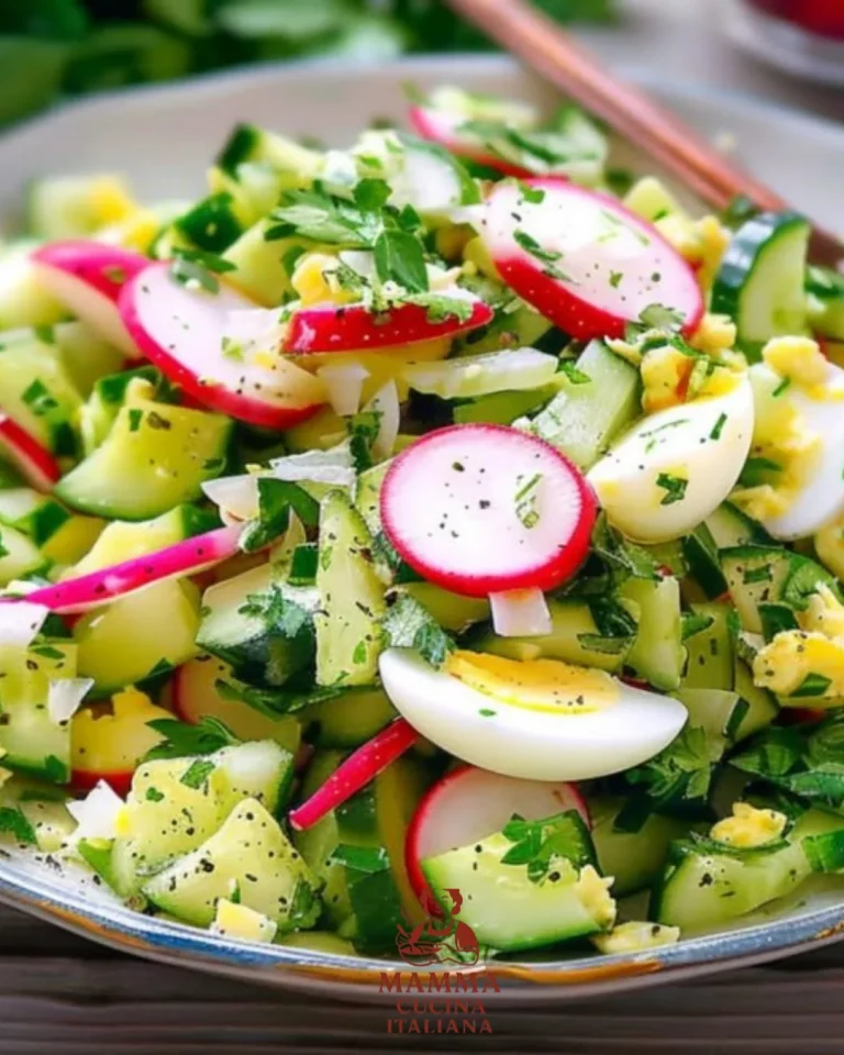 Bauchfett-abbauender Gurkensalat mit Eiern und Radieschen auf einem Teller