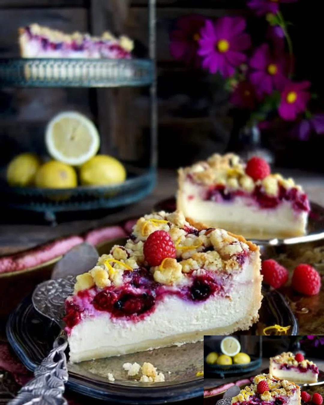 Beerenkäsekuchen mit Zitronenstreusel auf einem weißen Teller