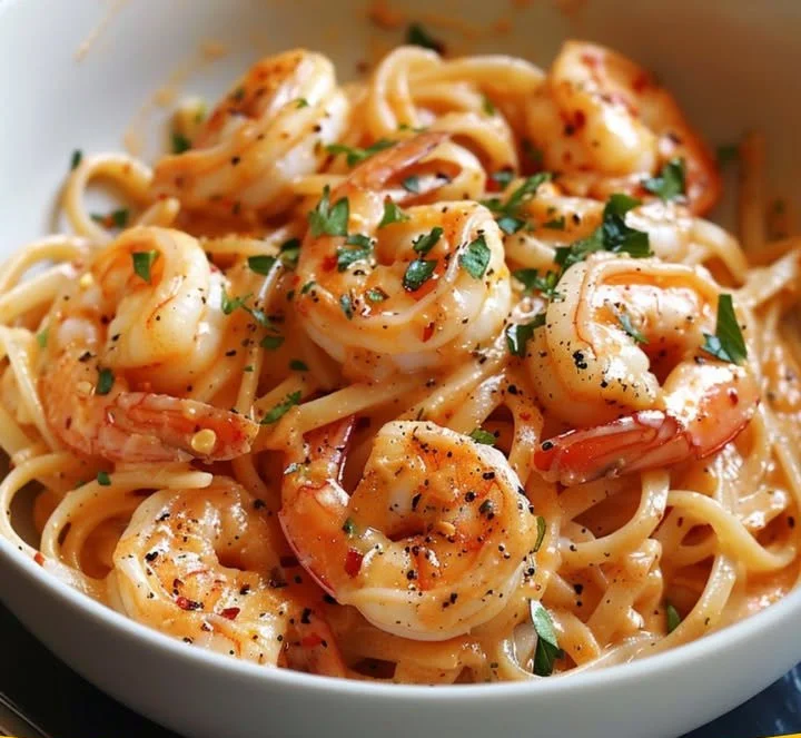 Cremige würzige Knoblauchgarnelen mit Nudeln