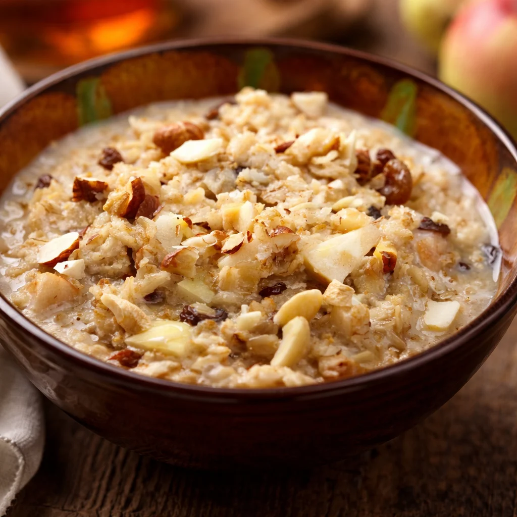 Bircher Müesli mit Haferflocken, Äpfeln, Nüssen und Joghurt in einer Schüssel.