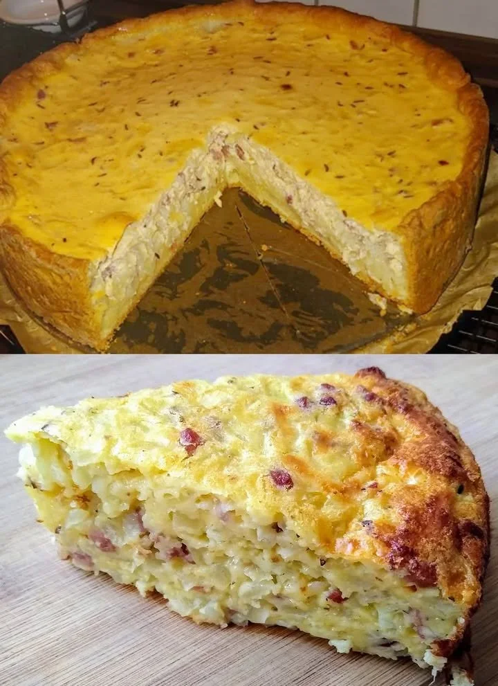 Blitz Zwiebelkuchen ohne Teig auf einem Teller serviert