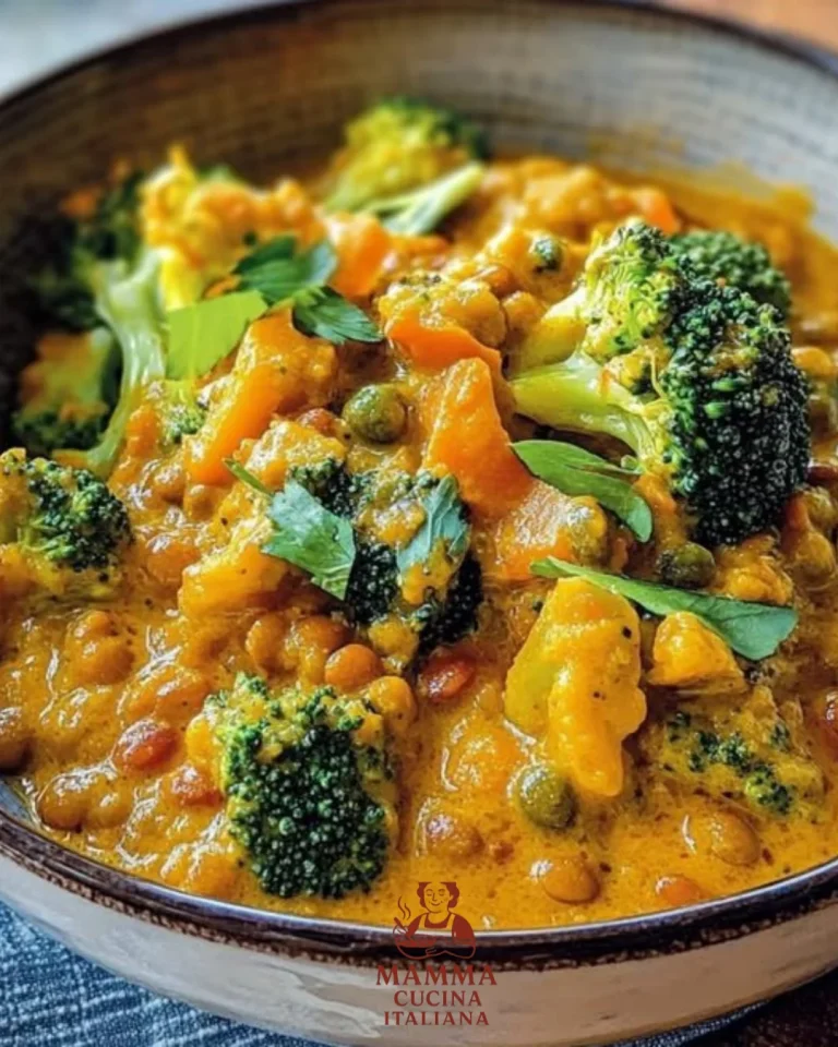 Köstliches Brokkolicurry mit roten Linsen, serviert in einer Schüssel.