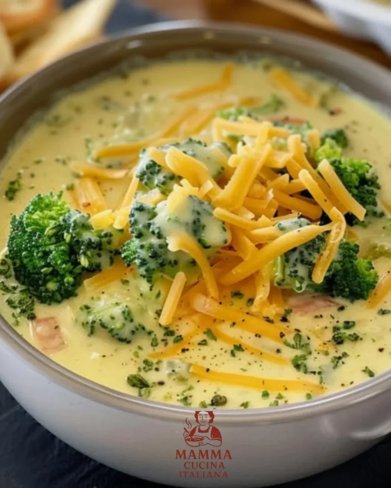 Schüssel mit cremiger Brokkoli Käse-Suppe, garniert mit frischen Kräutern