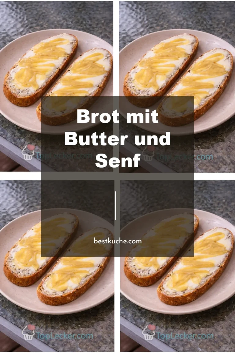 Brot mit Butter und Senf auf einem rustikalen Holzbrett