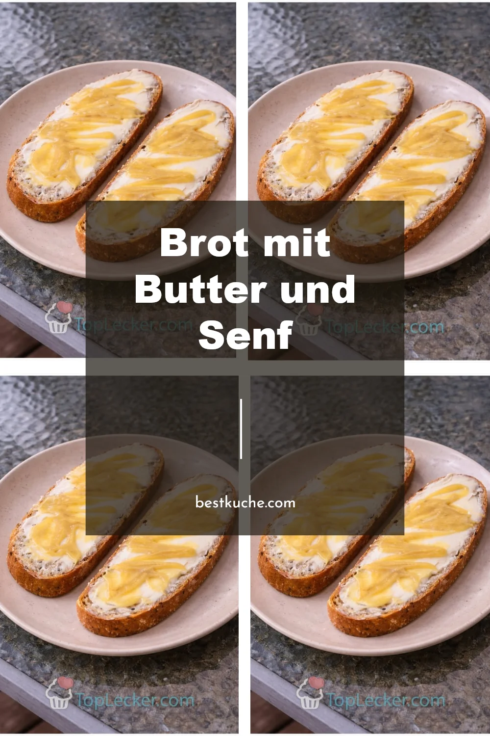 Brot mit Butter und Senf auf einem rustikalen Holzbrett
