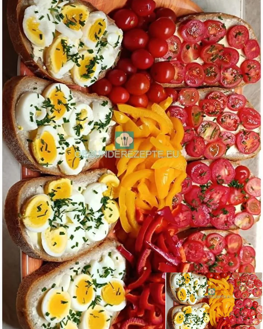 Brot mit Butter, frischen Tomaten und einem Ei auf einem Teller.