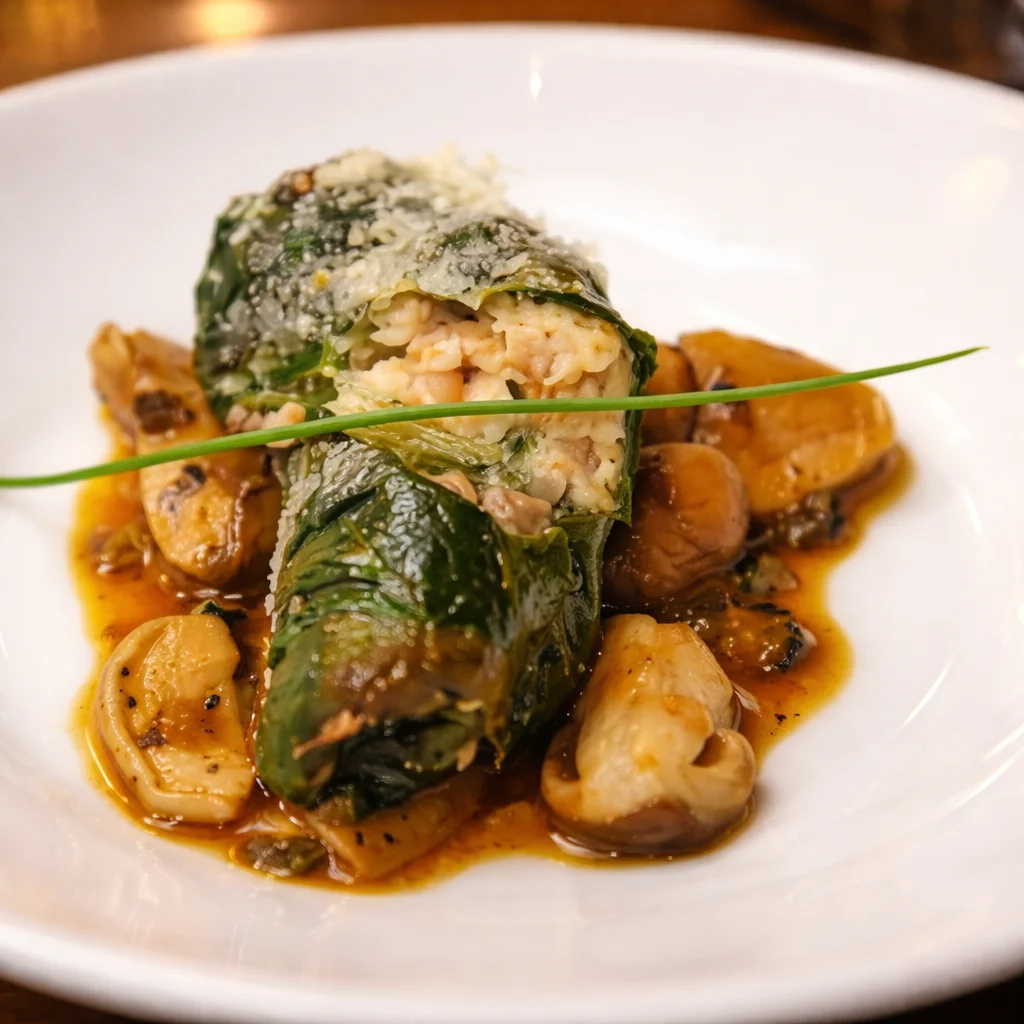 Traditionelle Capuns – Bündner Spezialität aus Mangoldblättern, gefüllt mit Fleisch und Spätzliteig.