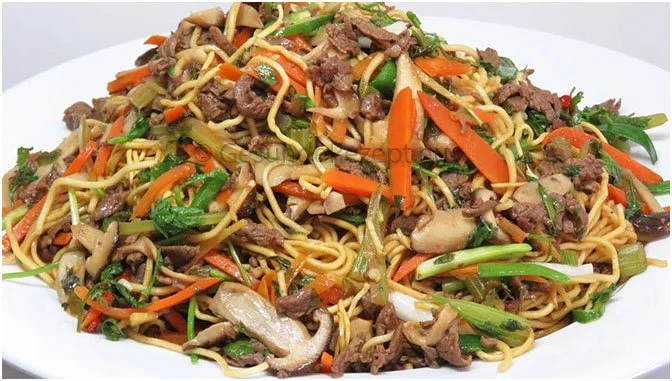 Chinesisch gebratene Nudeln mit Hühnchenfleisch, Ei und Gemüse auf einem Teller