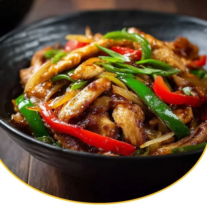 Chinesische Hähnchenpfanne mit Spitzkohl und Zwiebeln auf einem Teller angerichtet