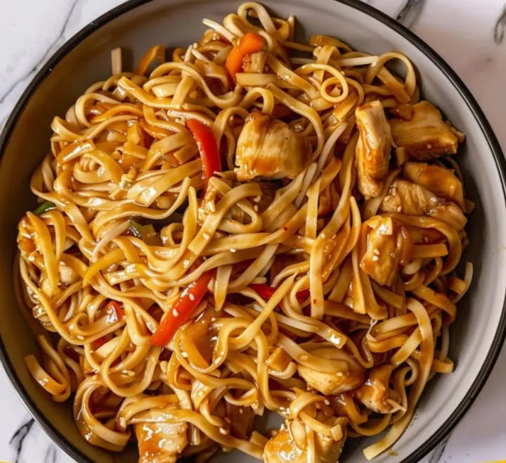 Chinesische Nudeln mit zartem Hähnchenfleisch und frischem Gemüse