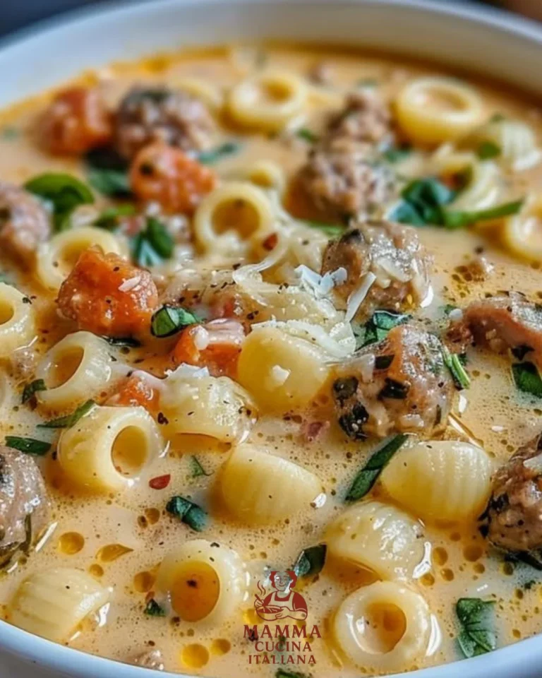 Cremige Ditalini-Suppe mit italienischer Parmesanwurst in einer Schüssel angerichtet.
