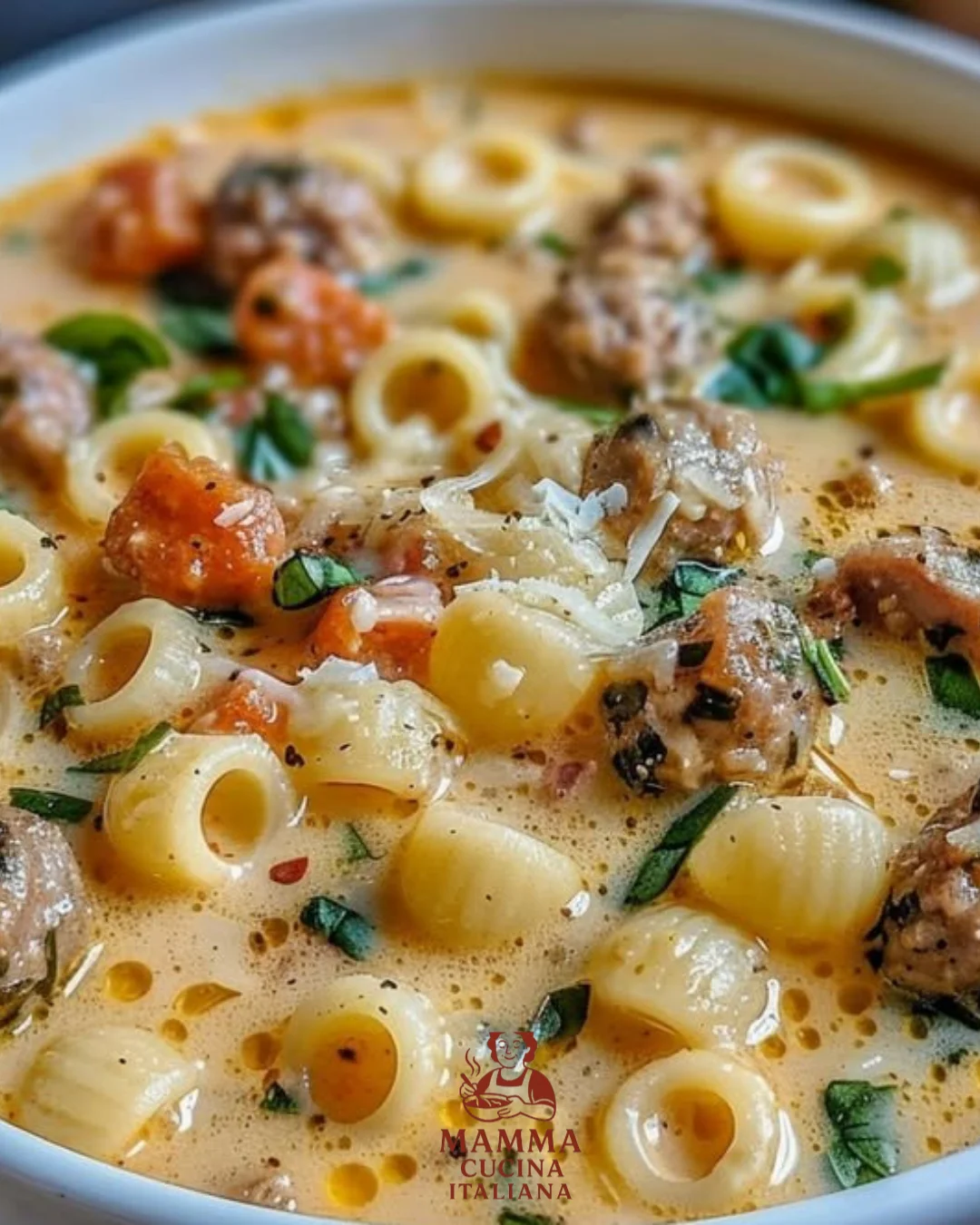 Cremige Ditalini-Suppe mit italienischer Parmesanwurst in einer Schüssel angerichtet.