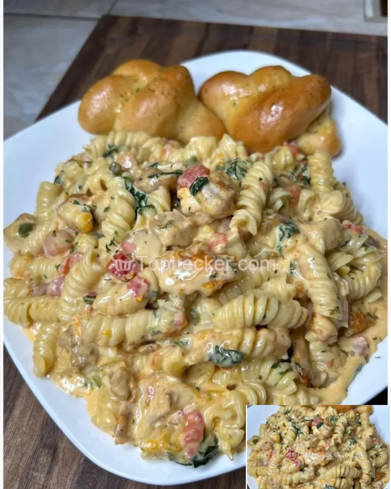 Cremige Pasta mit Hähnchen, Spinat und Tomaten auf einem Teller serviert.