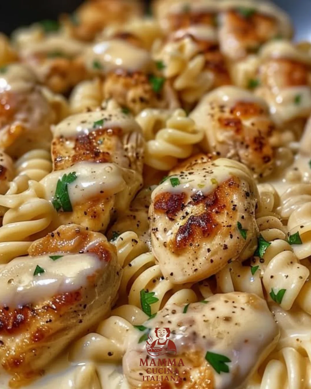 Cremiges Knoblauchbutterhähnchen und Rotini in Parmesansauce