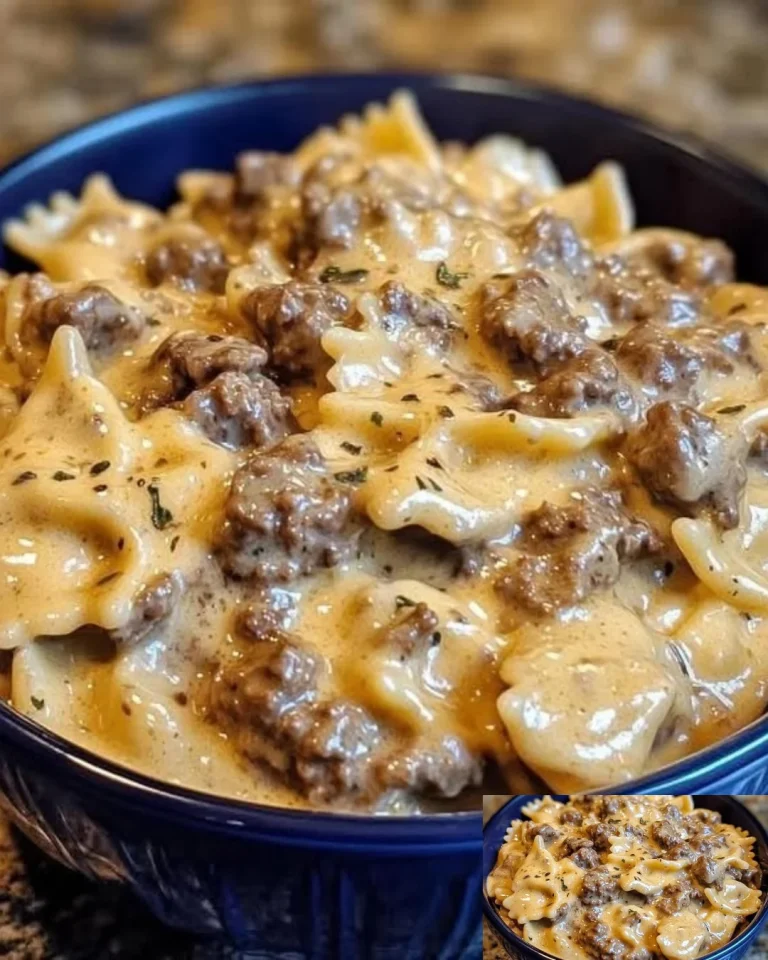 Cremiges Rindfleisch mit Schleifennudeln auf einem Teller