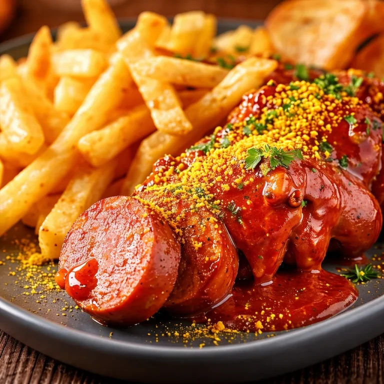 Leckere selbstgemachte Currywurst mit Pommes und Currysoße nach traditionellem Rezept