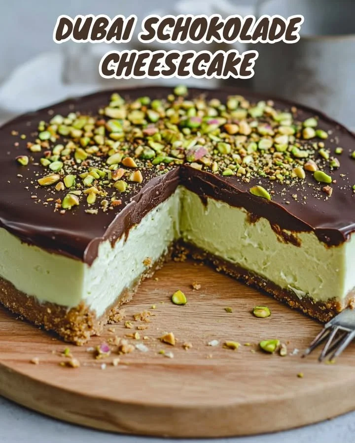 Dubai Schokoladenkäsekuchen auf einem eleganten Teller serviert.