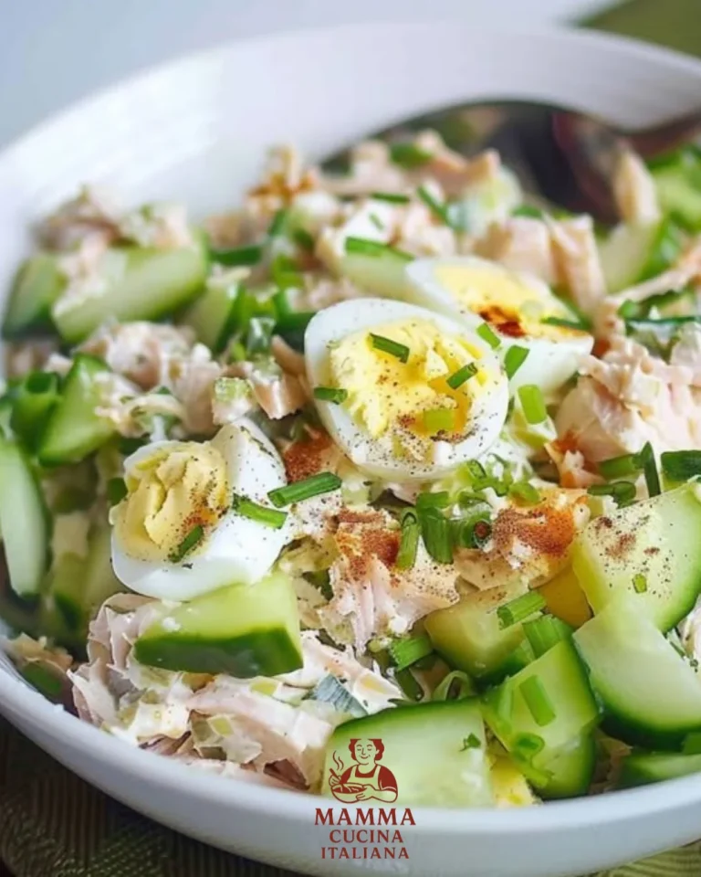 Eier-Gurken-Thunfischsalat mit frischen Zutaten angerichtet auf einem Teller