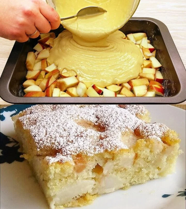Ein köstlicher einfacher Apfelkuchen auf einem Kuchenständer.