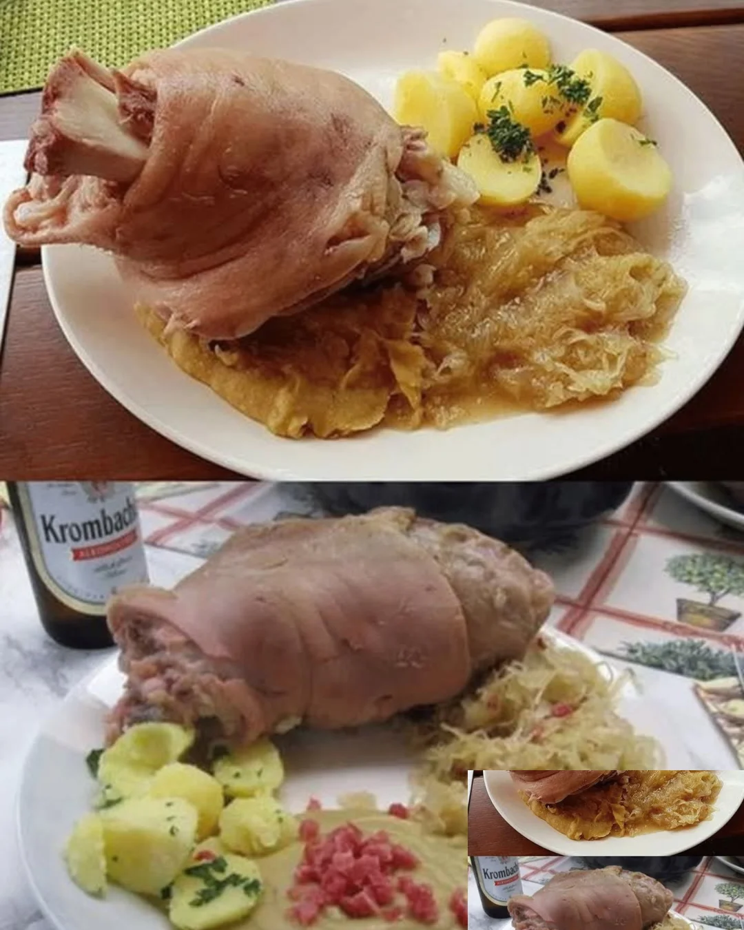 Traditionelles deutsches Eisbein serviert mit Sauerkraut und Kartoffeln.