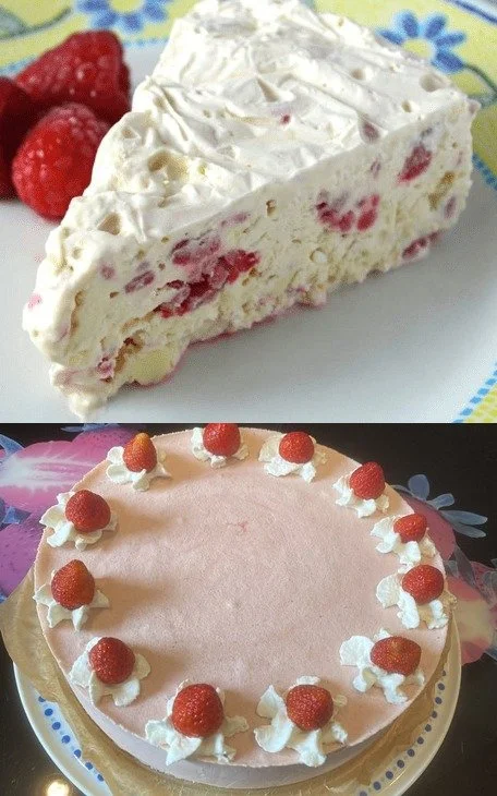 Leckere Erdbeer Eistorte mit frischen Erdbeeren und Sahne