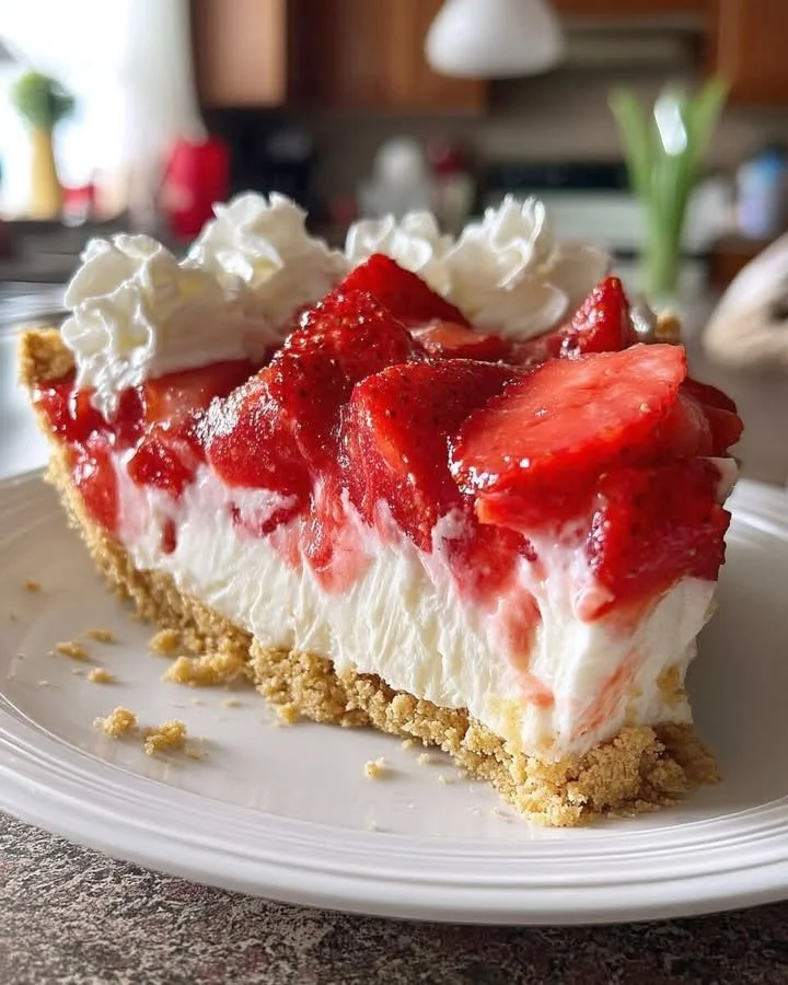 Erdbeer Käsekuchen ohne Backen auf einem Teller, dekoriert mit frischen Erdbeeren.
