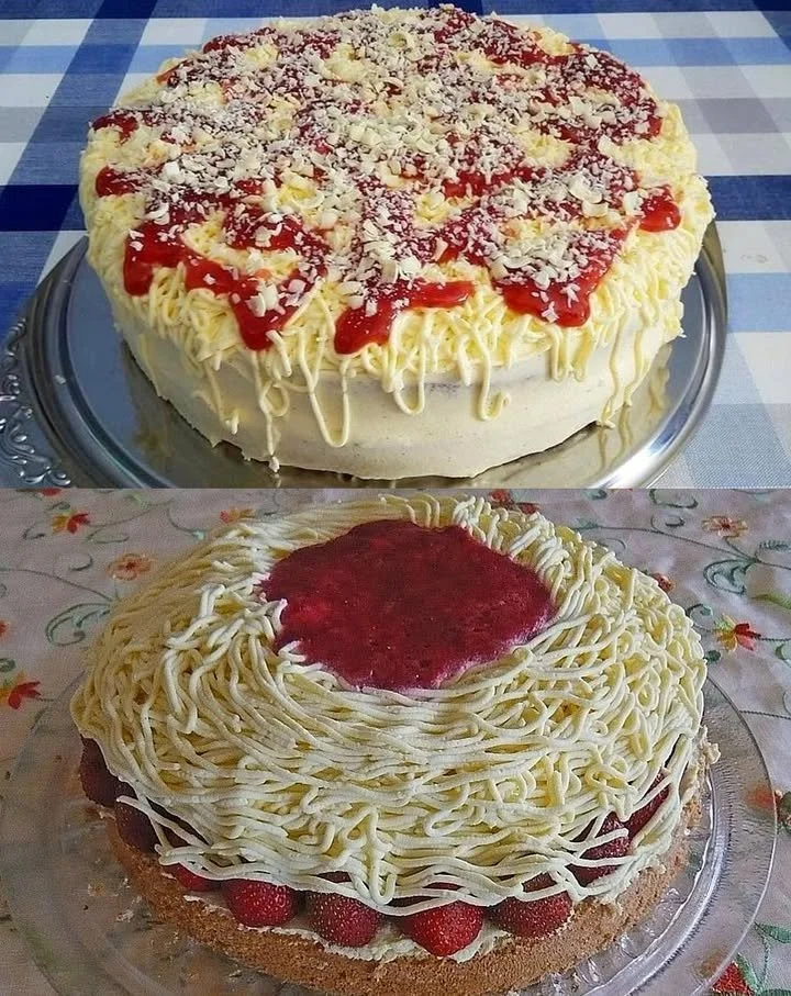 Erdbeer Spaghettieis Torte mit frischen Erdbeeren und Sahne.