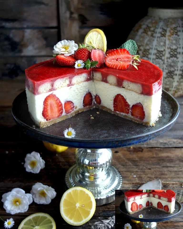 Erdbeertorte mit weißer Schoko-Zitronenmousse und Erdbeerspiegel auf einem Teller